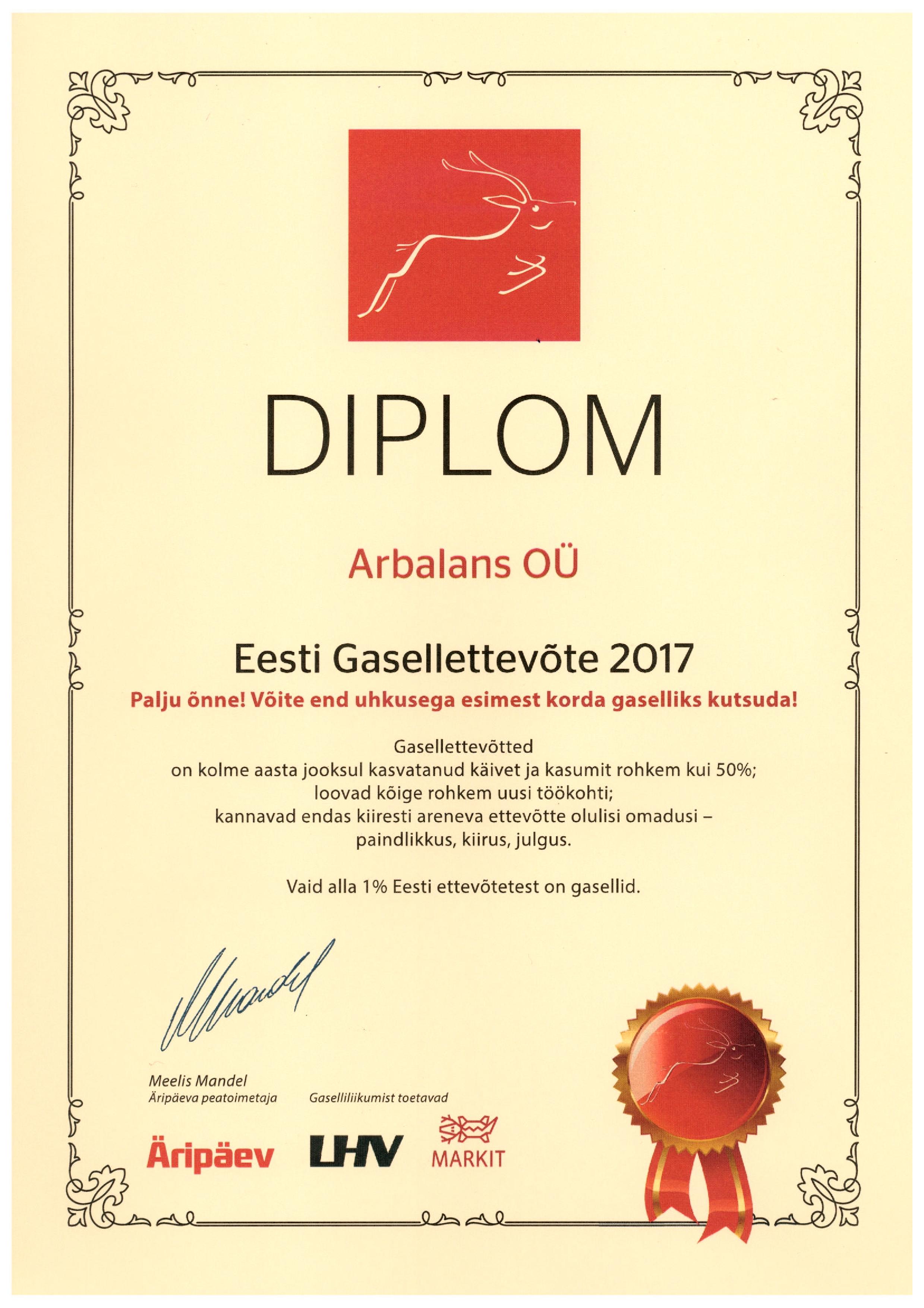 Äripäev tunnustas Arbalans OÜ tiitliga Eesti Gasellettevõte 2017.